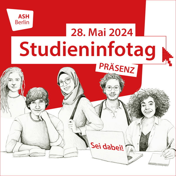 gezeichnetes Bild von Studierenden zur Information für den Studieninfotag an der ASH Berlin